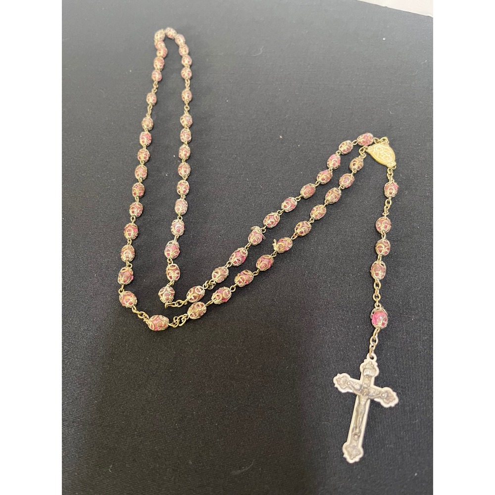 Vintage Catholic Rosary Pink Filigree Beads Gold Tone Virgin Mary Crucifix